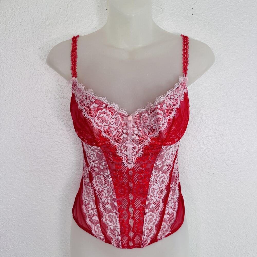 Jezebel Bustier Top Womens 34B Lace Mesh Sheer Underwire Lingerie Corset Bra Red
